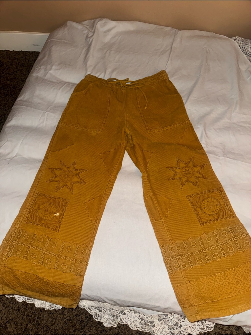 Kimchi Blue Mustard Corduroy Wide-Leg Pants with Embroidered Panels